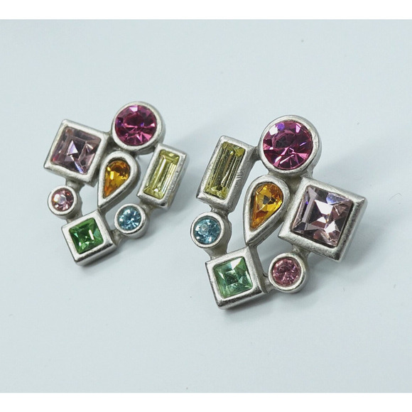 Vintage Rhinestone Earrings Multi Shaped Silver Tone - Picture 4 of 9